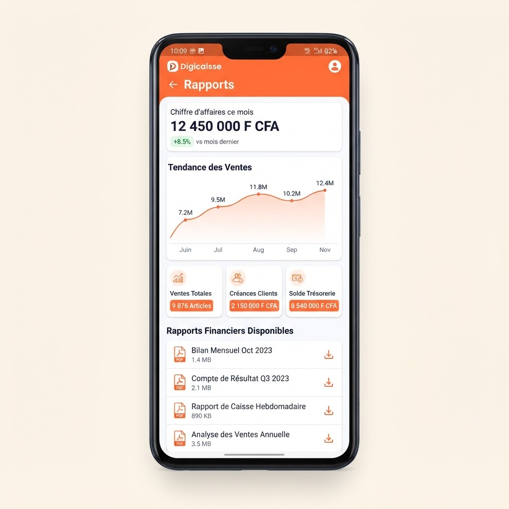 Écran Rapports de l'application Digicaisse